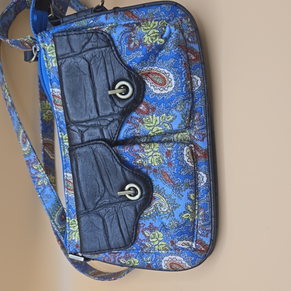 Luxe petite Y2K shoulder purse, blue paisley leather/ black trim